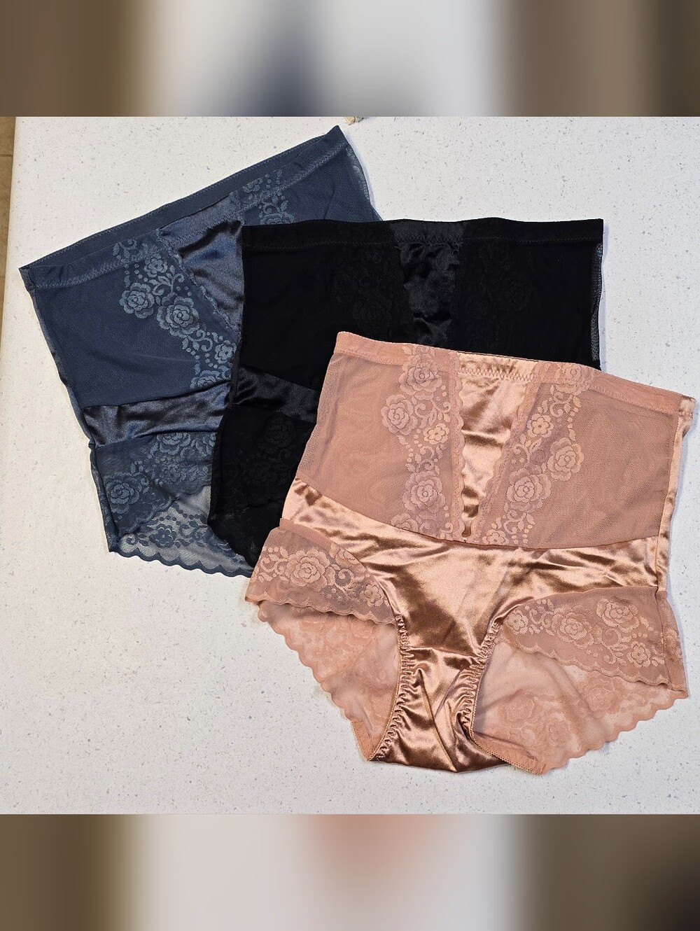 Brand NEW High-Waist Lace Satin Shaping Briefs - Rose Gold, Black, Slate